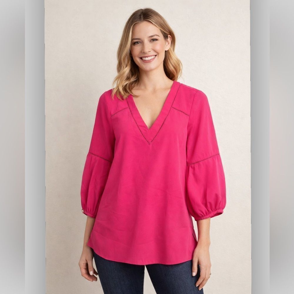 Crosby by Mollie Burch Jannie Tunic Top in Pink V Neck Puff Sleeve Size Small